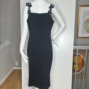 Cavalli Class Sz 12 Black Jersey Crochet Strap Midi Dress Made in Italy
